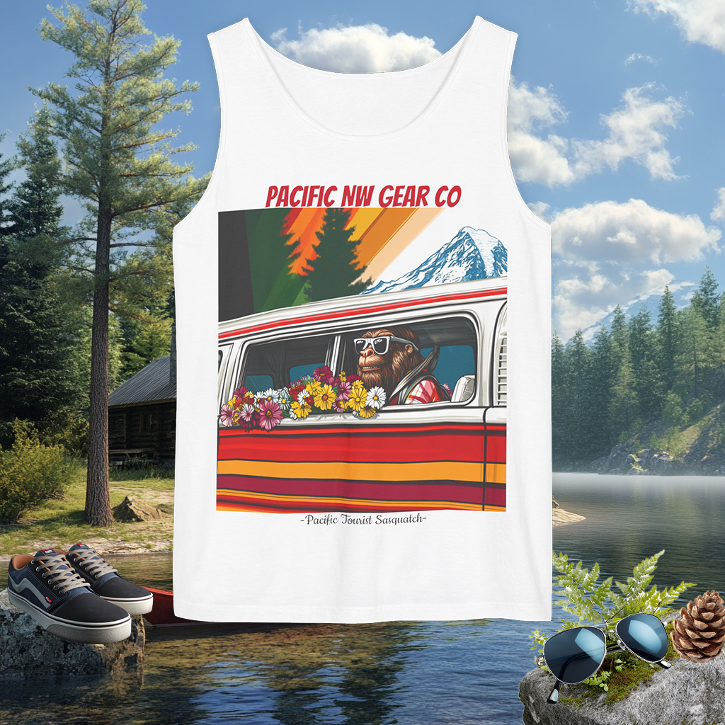 PNW Tourist Sasquatch Tank Top V.2 | Cryptid Design | Legendary Creature | 100% US Cotton | Relaxed Fit | Pacific NW Gear Co