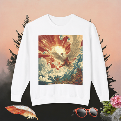Rising Sun Crewneck Sweatshirt | Mythical Thunderbird Design | Unisex Lightweight Sweater | Pacific NW Gear Co