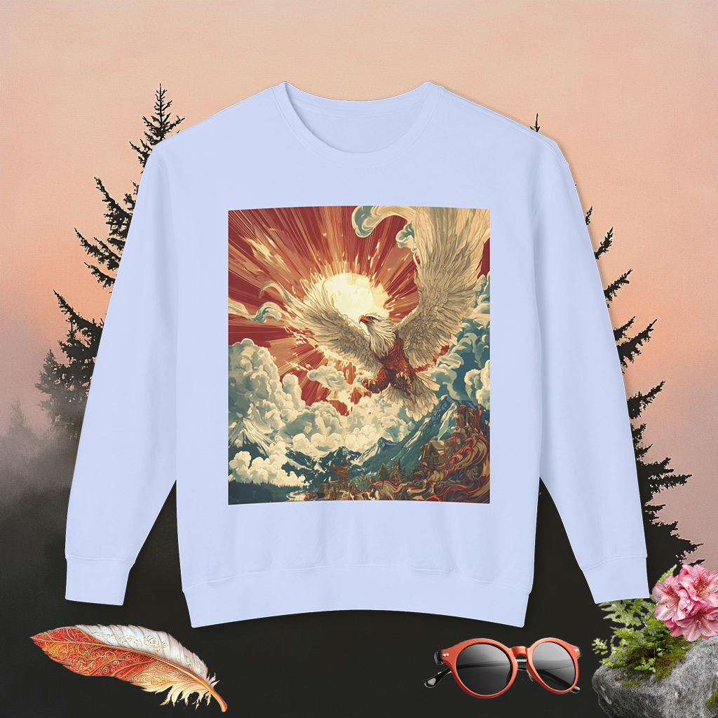 Rising Sun Crewneck Sweatshirt | Mythical Thunderbird Design | Unisex Lightweight Sweater | Pacific NW Gear Co