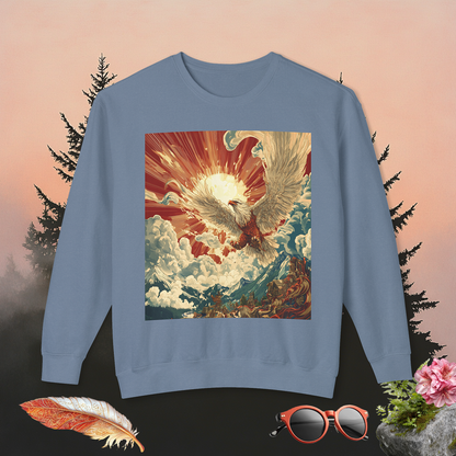 Rising Sun Crewneck Sweatshirt | Mythical Thunderbird Design | Unisex Lightweight Sweater | Pacific NW Gear Co