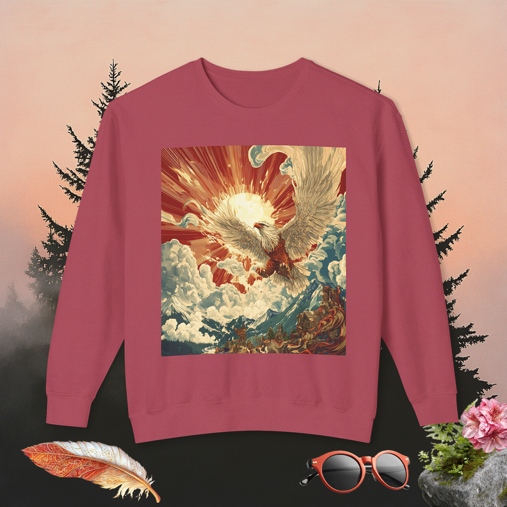 Rising Sun Crewneck Sweatshirt | Mythical Thunderbird Design | Unisex Lightweight Sweater | Pacific NW Gear Co