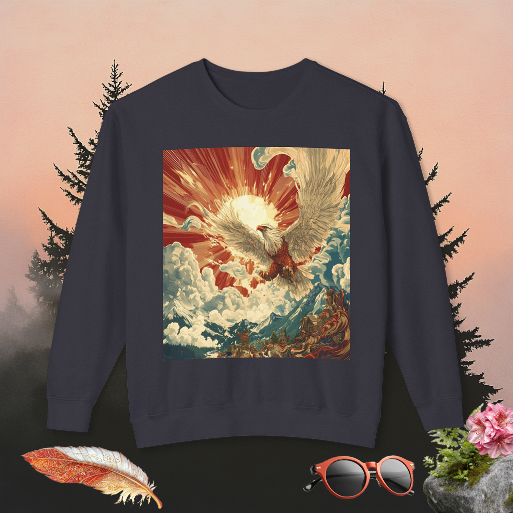 Rising Sun Crewneck Sweatshirt | Mythical Thunderbird Design | Unisex Lightweight Sweater | Pacific NW Gear Co
