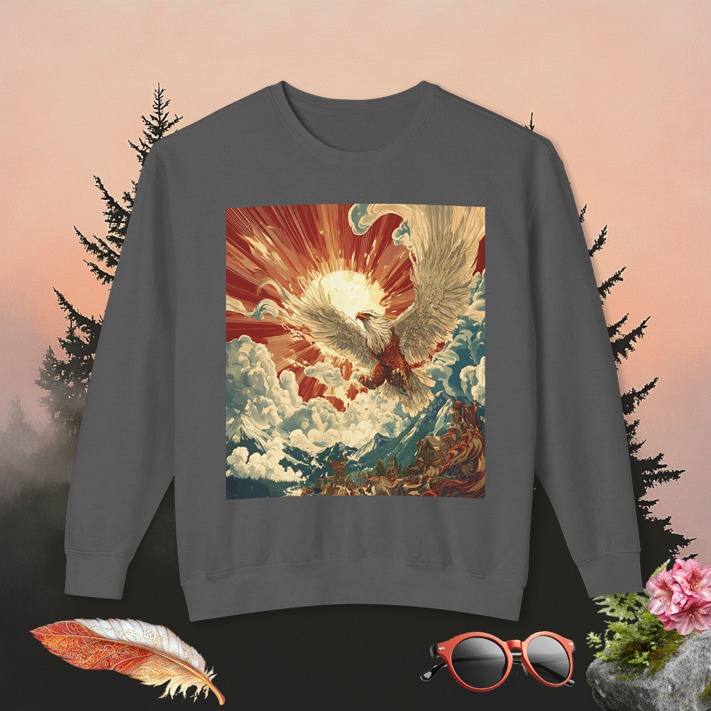 Rising Sun Crewneck Sweatshirt | Mythical Thunderbird Design | Unisex Lightweight Sweater | Pacific NW Gear Co