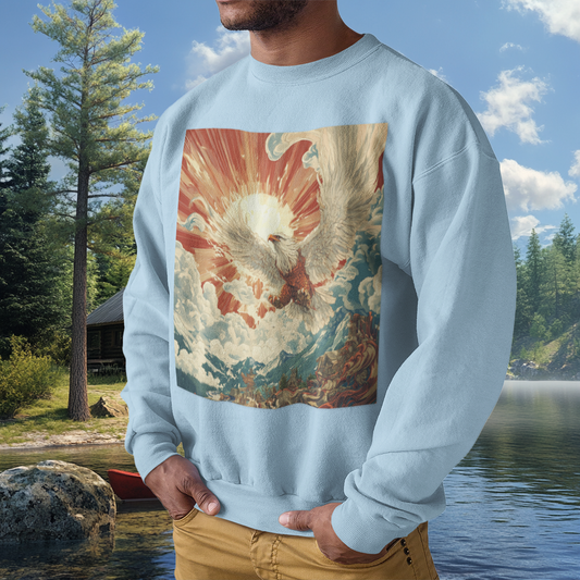 Rising Sun Crewneck Sweatshirt | Mythical Thunderbird Design | Unisex Lightweight Sweater | Pacific NW Gear Co