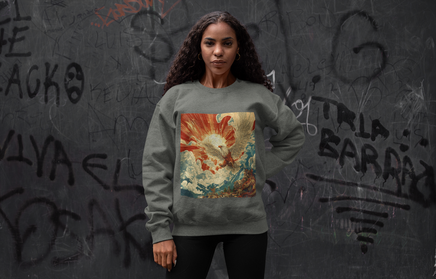 Rising Sun Crewneck Sweatshirt | Mythical Thunderbird Design | Unisex Lightweight Sweater | Pacific NW Gear Co