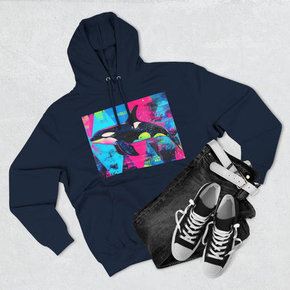 90's Neon Orca V.2 Fleece Hoodie | Pacific Killer Whale Art Version 2 | Retro Orca Hoodie | Colorful Sea Life Gift | By Pacific NW Gear Co.