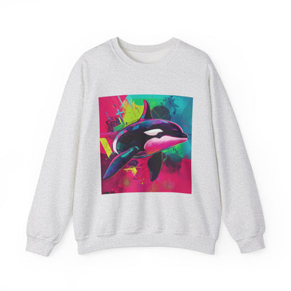 90's Neon Orca Crew Neck Sweater | Pacific Killer Whale Art | Retro Vaporwave Sweater | Colorful Orca Gift | By Pacific NW Gear Co.
