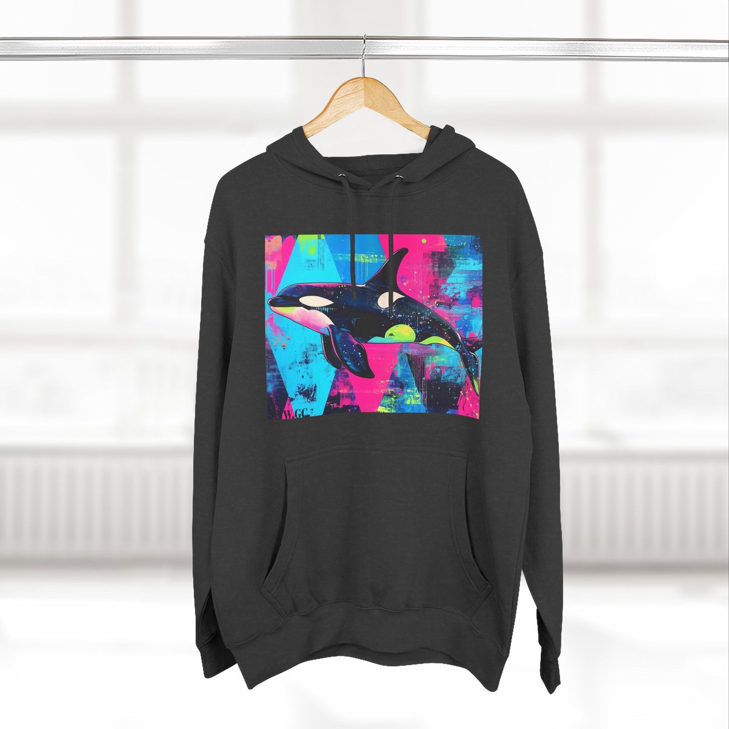 90's Neon Orca V.2 Fleece Hoodie | Pacific Killer Whale Art Version 2 | Retro Orca Hoodie | Colorful Sea Life Gift | By Pacific NW Gear Co.