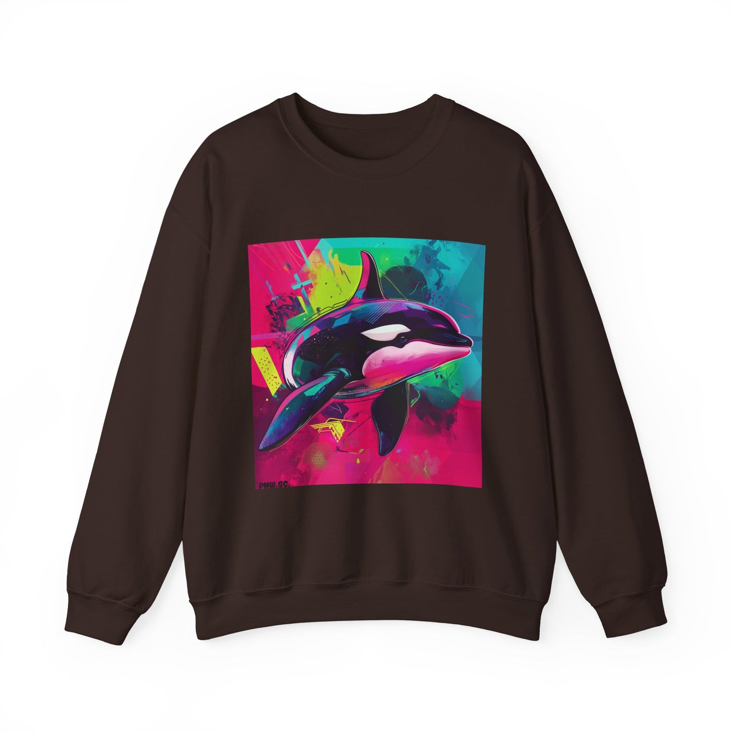 90's Neon Orca Crew Neck Sweater | Pacific Killer Whale Art | Retro Vaporwave Sweater | Colorful Orca Gift | By Pacific NW Gear Co.