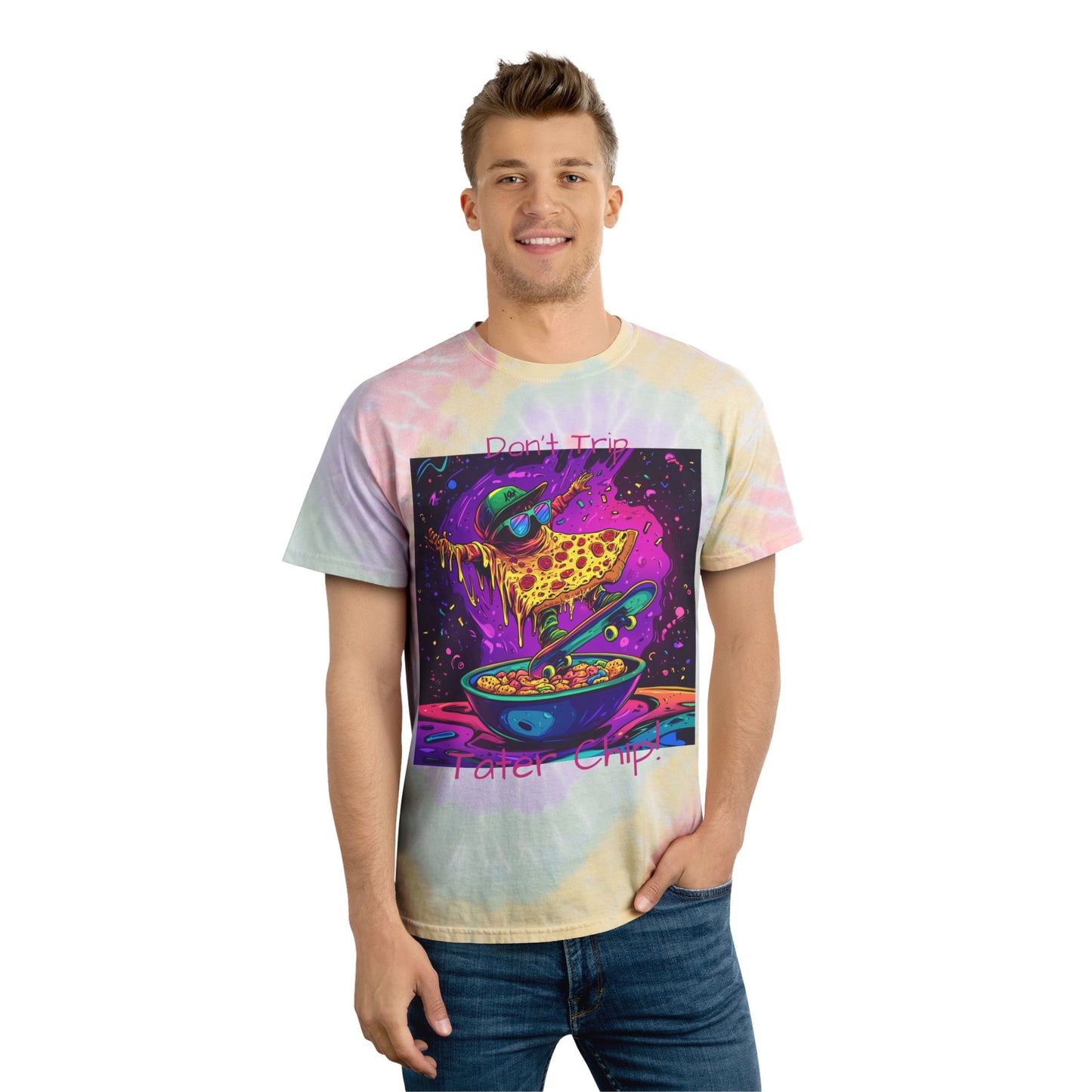 Cosmic Slice Tie Dye Tee | Pete Zaa Skater Dude Shirt | Don't Trip Tater Chip Tie Dye Tee | Retro Skate Gift | By Pacific NW Gear Co.