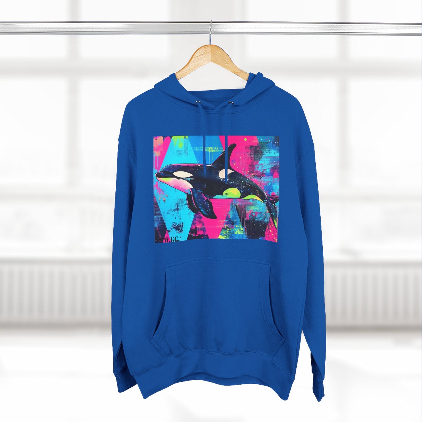 90's Neon Orca V.2 Fleece Hoodie | Pacific Killer Whale Art Version 2 | Retro Orca Hoodie | Colorful Sea Life Gift | By Pacific NW Gear Co.