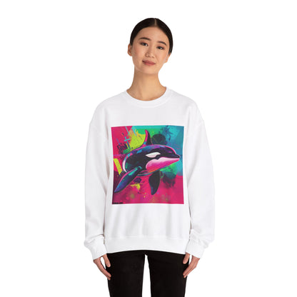 90's Neon Orca Crew Neck Sweater | Pacific Killer Whale Art | Retro Vaporwave Sweater | Colorful Orca Gift | By Pacific NW Gear Co.