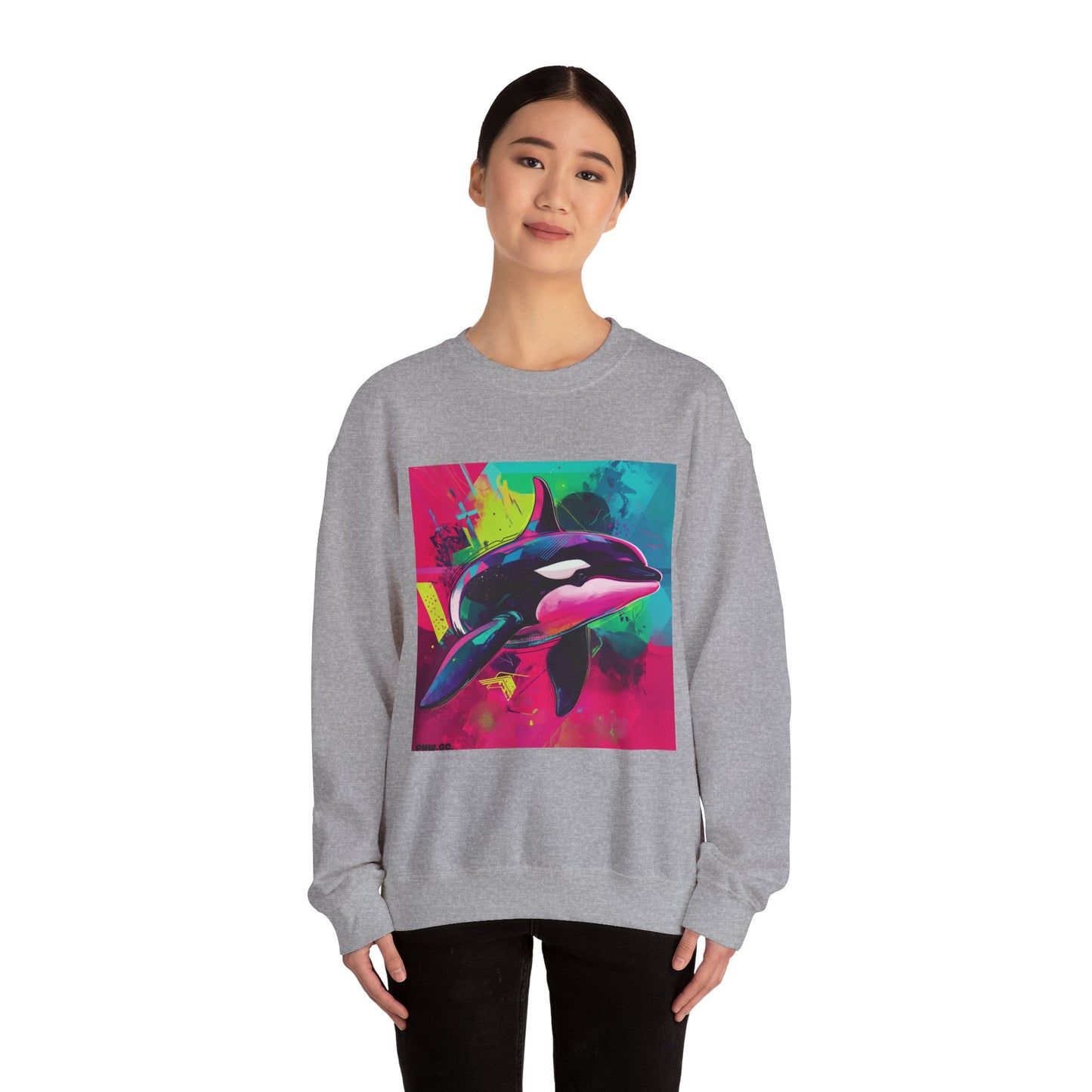90's Neon Orca Crew Neck Sweater | Pacific Killer Whale Art | Retro Vaporwave Sweater | Colorful Orca Gift | By Pacific NW Gear Co.