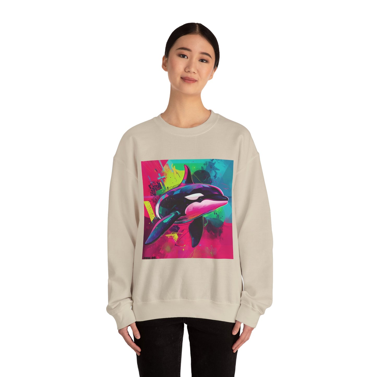 90's Neon Orca Crew Neck Sweater | Pacific Killer Whale Art | Retro Vaporwave Sweater | Colorful Orca Gift | By Pacific NW Gear Co.